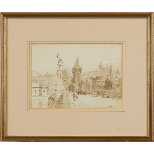 1440 - Sir Ernest George - Bridge, Prague, sepia watercolour, initialled E G and inscribed 'Prague, framed ... 