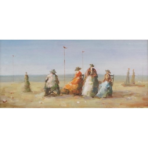 1443 - Sur La Plage, 20th century French School, oil on canvas board, framed 28cm x 49cm