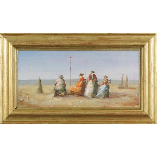 1443 - Sur La Plage, 20th century French School, oil on canvas board, framed 28cm x 49cm