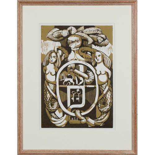 1511 - A Woodblock Print of a Coat of Arms, mid 20th century, British School printed in shades of brown and... 