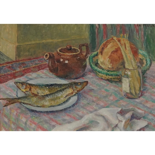 1582 - Roner - Still life, oil on canvas, circa 1920, of food on a table with chequered tablecloth, framed,... 