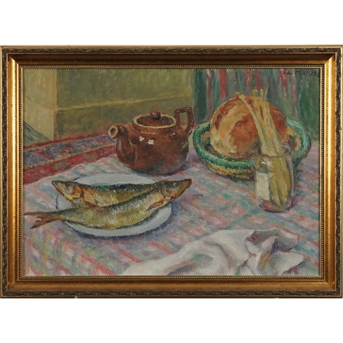 1582 - Roner - Still life, oil on canvas, circa 1920, of food on a table with chequered tablecloth, framed,... 