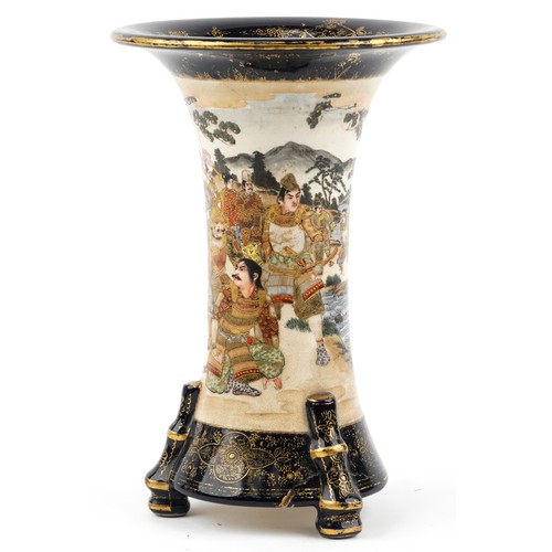 411 - Large Japanese Satsuma pottery three footed vase hand painted with warriors in a landscape, six figu... 