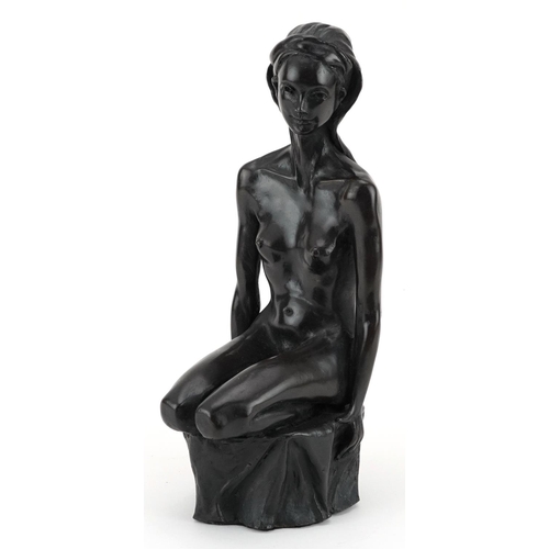 326 - Mid century style bronzed sculpture of a kneeling nude female, signed with initials T T to the rever... 