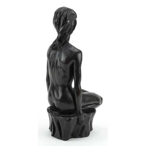 326 - Mid century style bronzed sculpture of a kneeling nude female, signed with initials T T to the rever... 