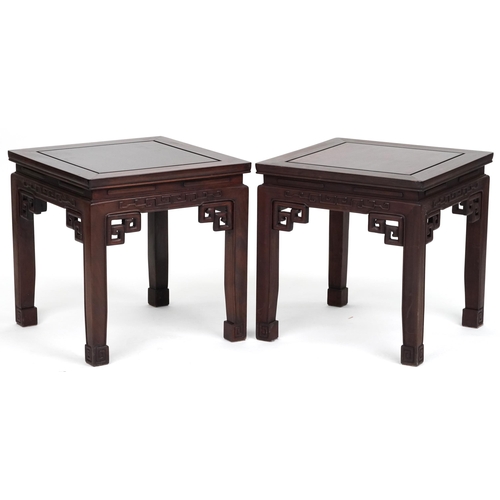 Pair of Chinese carved hardwood coffee tables, 46cm high x 46cm W x 46cm D