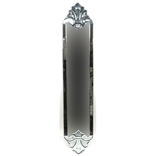 2046 - A contemporary Venetian style narrow pier mirror with etched decoration, 117cm x 23cm.