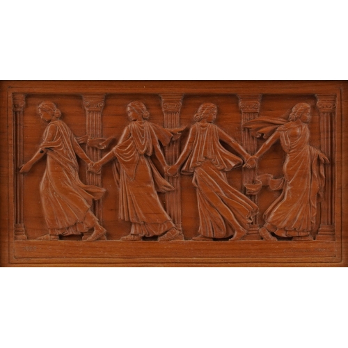 222 - A late 20th relief carved walnut plaque of the Borghese Dancers, signed Giuliana Moris, dated 1989, ... 