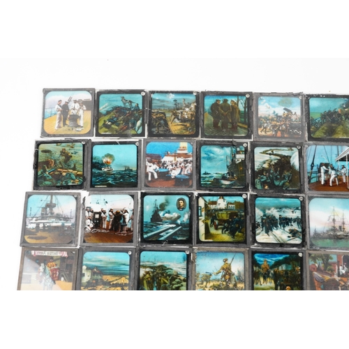 2440 - A collection of vintage coloured magic lantern slides, some military interest, including Throwing Gr... 