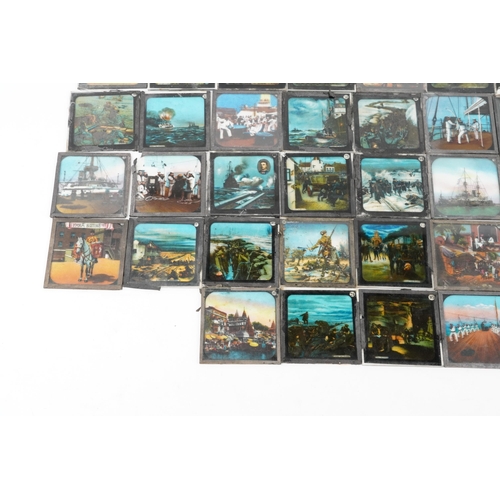  A collection of vintage coloured magic lantern slides, some military interest, including Throwing Gr... 