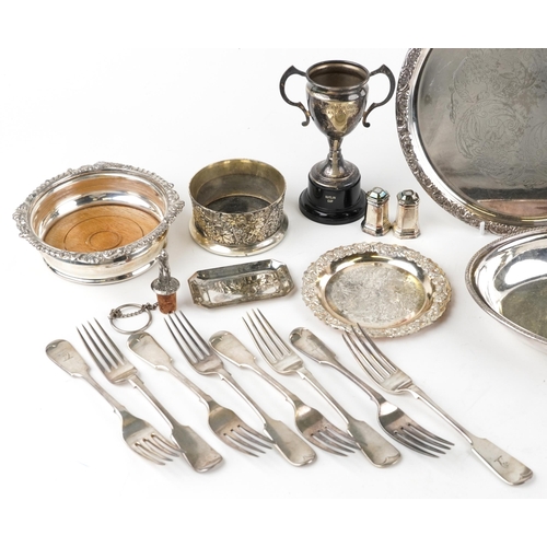 1169 - Victorian and later silverplate including an easel photo frame, wine coaster, table forks, twin hand... 