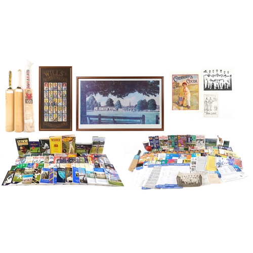 2298 - A large collection of cricket ephemera including three cricket bats signed by David Gower, G Boycott... 