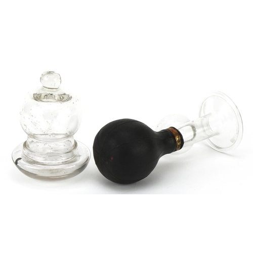 377 - A glass and gutta percher breast pump, glass nipple shield & cup, the breast pump 6cm in diameter, w... 