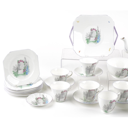 422 - A Shelley Art Deco Archway of Roses pattern part tea service with hand painted decoration comprising... 