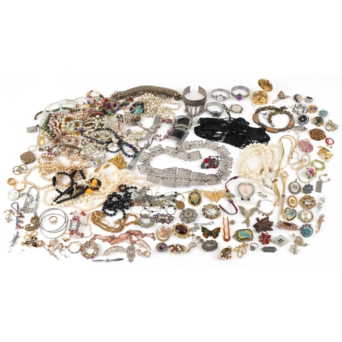 3802 - Antique and later jewellery and a silver plated nurse's belt including necklaces, brooches, bracelet... 