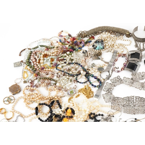 3802 - Antique and later jewellery and a silver plated nurse's belt including necklaces, brooches, bracelet... 