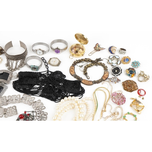 3802 - Antique and later jewellery and a silver plated nurse's belt including necklaces, brooches, bracelet... 