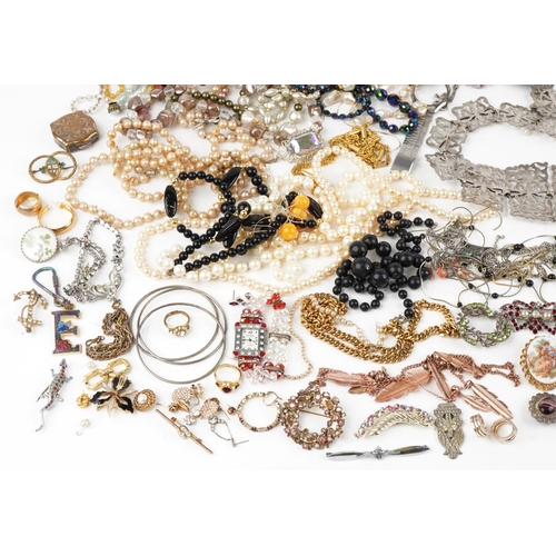 3802 - Antique and later jewellery and a silver plated nurse's belt including necklaces, brooches, bracelet... 