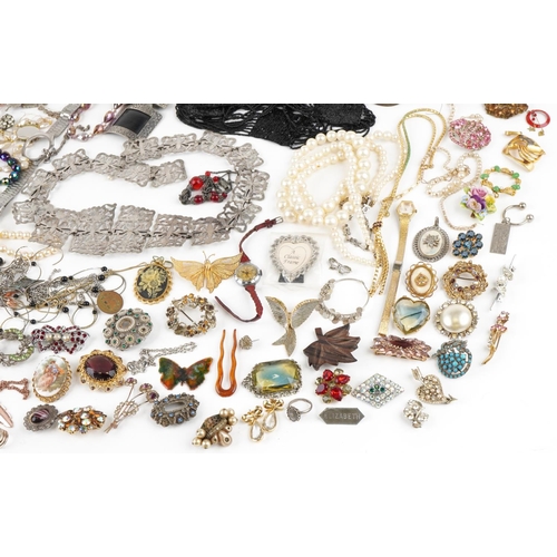 3802 - Antique and later jewellery and a silver plated nurse's belt including necklaces, brooches, bracelet... 