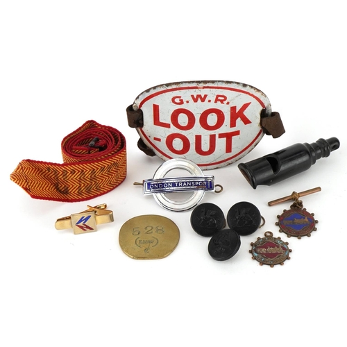 2304A - Vintage transport related objects including a Great Western Railway enamelled Look-out arm band, bra... 