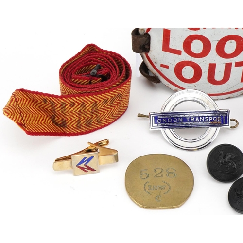 2304A - Vintage transport related objects including a Great Western Railway enamelled Look-out arm band, bra... 