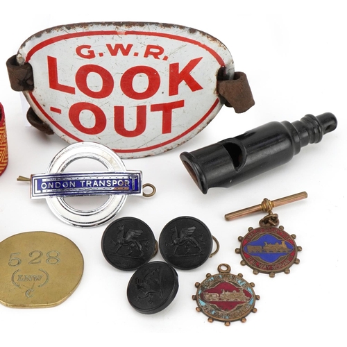 2304A - Vintage transport related objects including a Great Western Railway enamelled Look-out arm band, bra... 