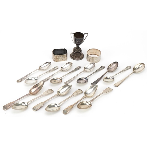 550 - Georgian and later silver including miniature twin handled trophy, teaspoons and napkin rings, total... 