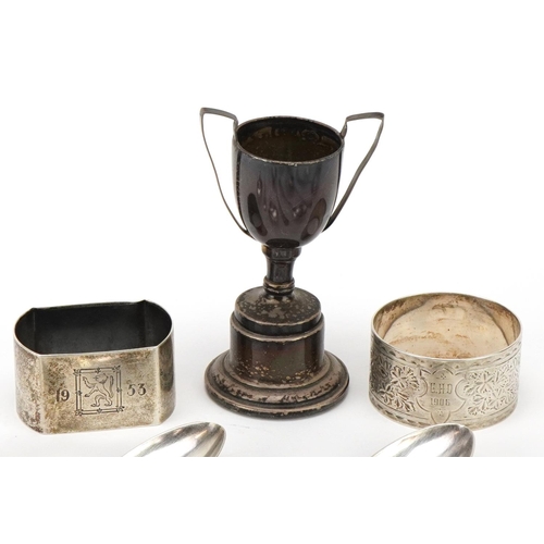 550 - Georgian and later silver including miniature twin handled trophy, teaspoons and napkin rings, total... 