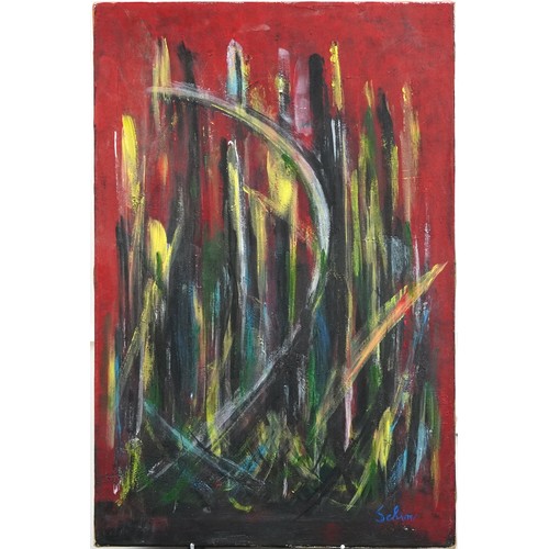 1458 - Attributed to Selim Turan - Abstract composition, Turkish oil on canvas, unframed, 76.5cm x 50.5cm.