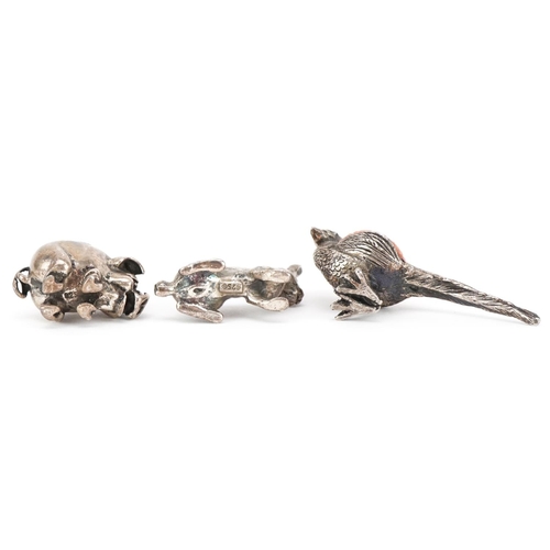 90 - Three miniature silver pin cushions in the form of a pheasant, rabbit and pig, the largest 4.5cm in ... 