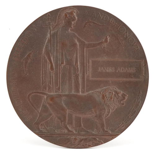 2393 - British military World War I bronze death plaque awarded to James Adams.