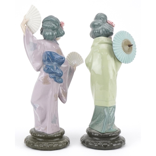 465 - Two Lladro figurines of Japanese Geisha girls, the largest 30cm high.