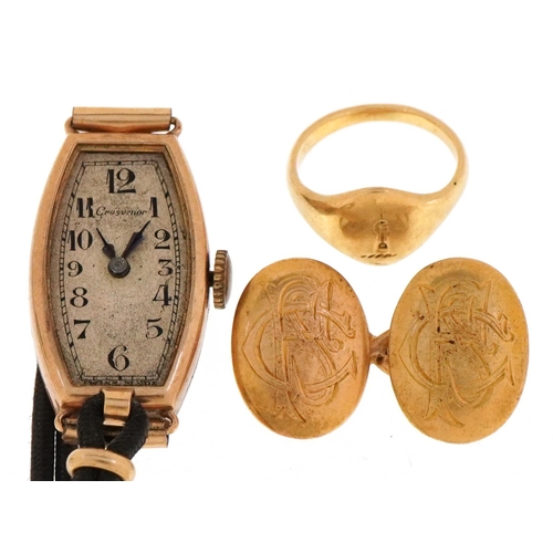 3056 - Gold jewellery comprising 18ct gold cufflink, 5.0g, unmarked gold signet ring, 3.0g and an Art Deco ... 