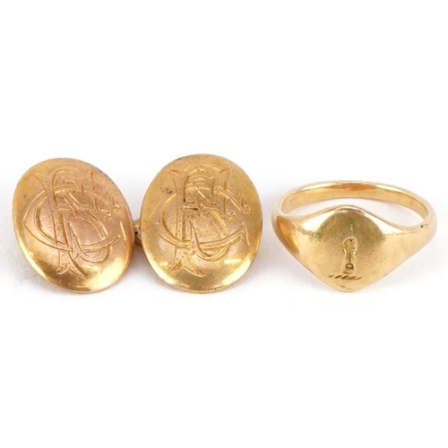 3056 - Gold jewellery comprising 18ct gold cufflink, 5.0g, unmarked gold signet ring, 3.0g and an Art Deco ... 