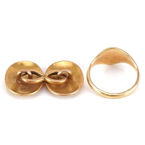 3056 - Gold jewellery comprising 18ct gold cufflink, 5.0g, unmarked gold signet ring, 3.0g and an Art Deco ... 