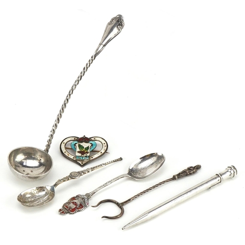 570 - Victorian and later silver objects including a Victorian silver ladle, propelling pencil, enamelled ... 