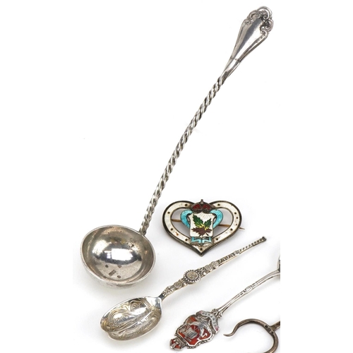 570 - Victorian and later silver objects including a Victorian silver ladle, propelling pencil, enamelled ... 