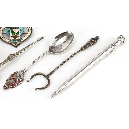 570 - Victorian and later silver objects including a Victorian silver ladle, propelling pencil, enamelled ... 