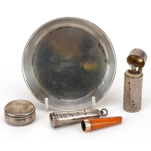 574 - Edwardian and later silver objects including a scent bottle, cheroot holder case housing an amber ch... 