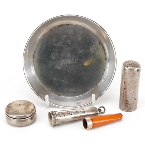 574 - Edwardian and later silver objects including a scent bottle, cheroot holder case housing an amber ch... 