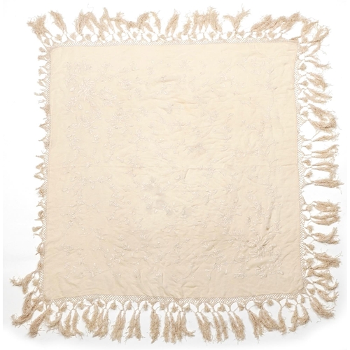 1013 - A Chinese Beige Crepe Silk & Worked Tablecover, circa 1910, woven with a tasselled and crocheted bor... 