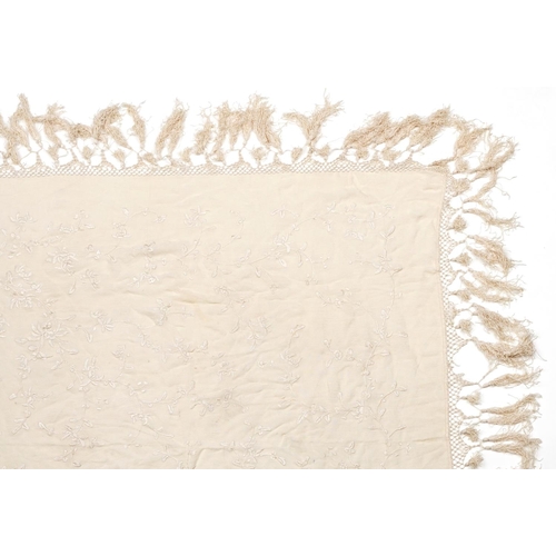 1013 - A Chinese Beige Crepe Silk & Worked Tablecover, circa 1910, woven with a tasselled and crocheted bor... 