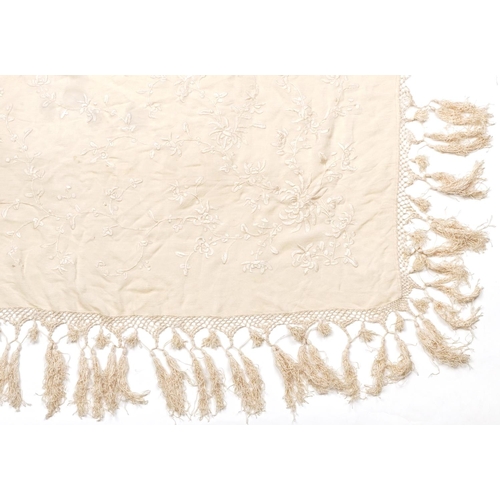 1013 - A Chinese Beige Crepe Silk & Worked Tablecover, circa 1910, woven with a tasselled and crocheted bor... 