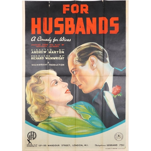 2282 - A large vintage pantomime poster - For Husbands, a Comedy for Wives, double sided with a female with... 