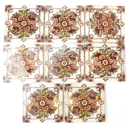 123 - A group of eight Victorian hand painted ceramic tiles, 15.5cm x 15.5cm.