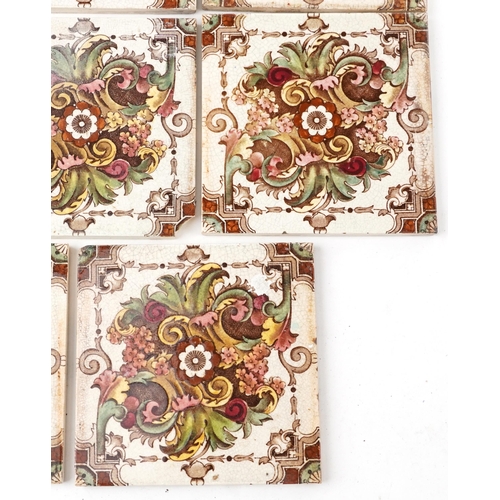 123 - A group of eight Victorian hand painted ceramic tiles, 15.5cm x 15.5cm.