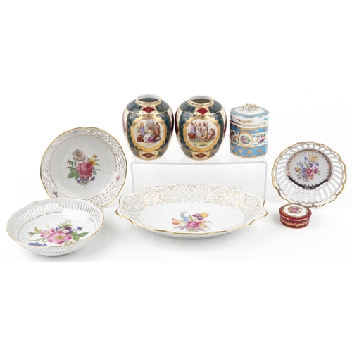 1068 - A collection of 20th century continental porcelain and ceramic items including a Dresden pierced por... 