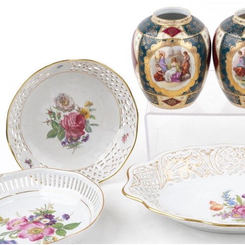 1068 - A collection of 20th century continental porcelain and ceramic items including a Dresden pierced por... 