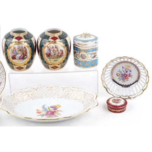 1068 - A collection of 20th century continental porcelain and ceramic items including a Dresden pierced por... 