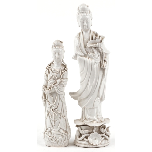 299 - A Chinese porcelain blanc-de-chine figure of Guanyin, 20th century, modelled with a lady holding a l... 